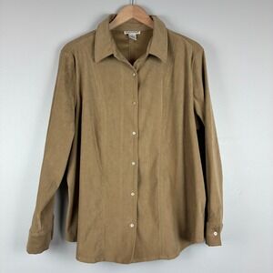 Jessica London Earthy Tan Faux Suede Button Down Shirt Blouse 1X Modern Boho